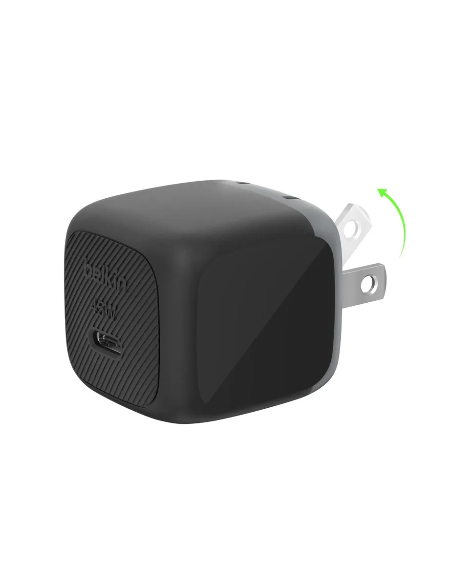 Compact black USB-C wall charger with foldable prongs