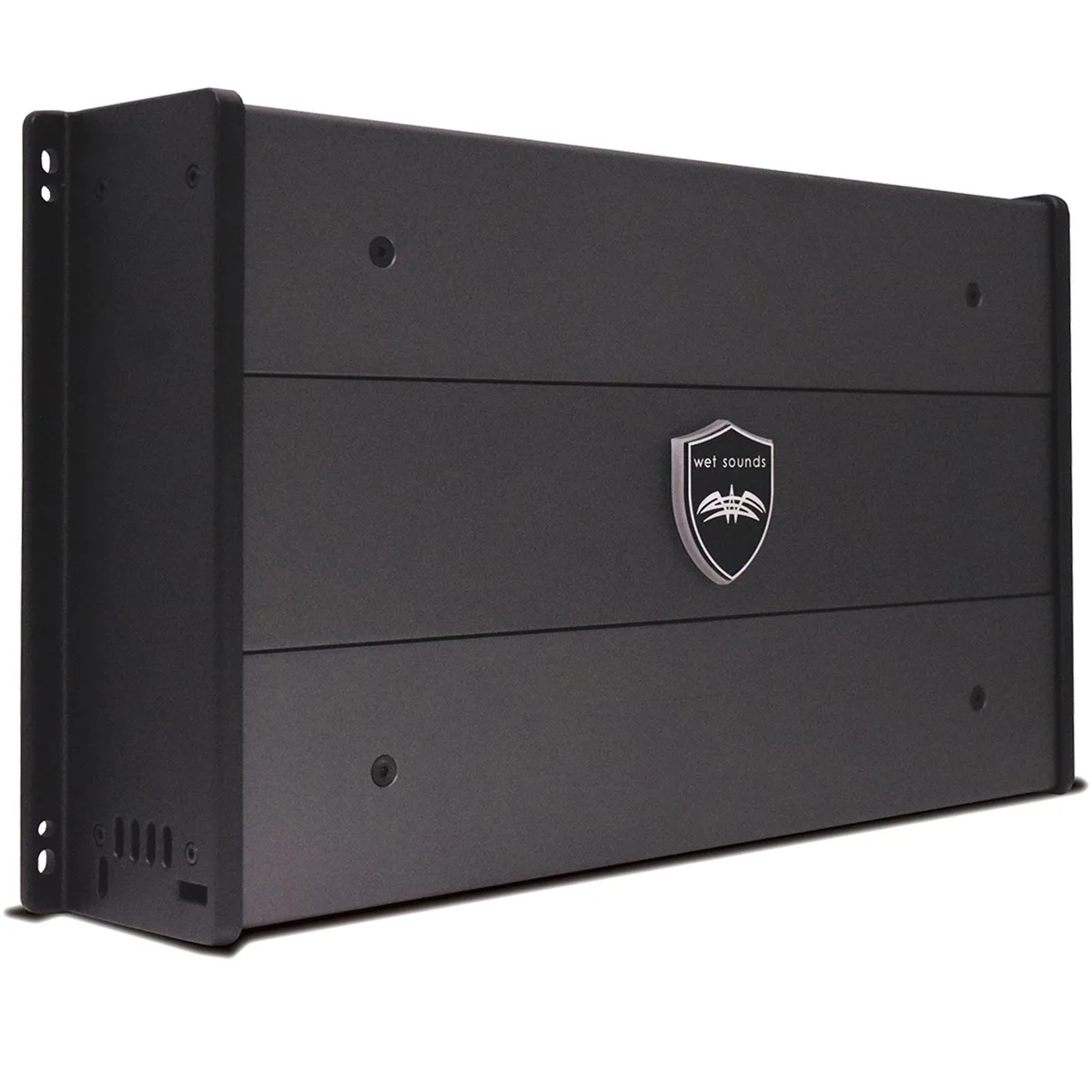 Rectangular black marine amplifier with silver trim and Wet Sounds branding, 14.63 by 8.52 by 3.08 inches