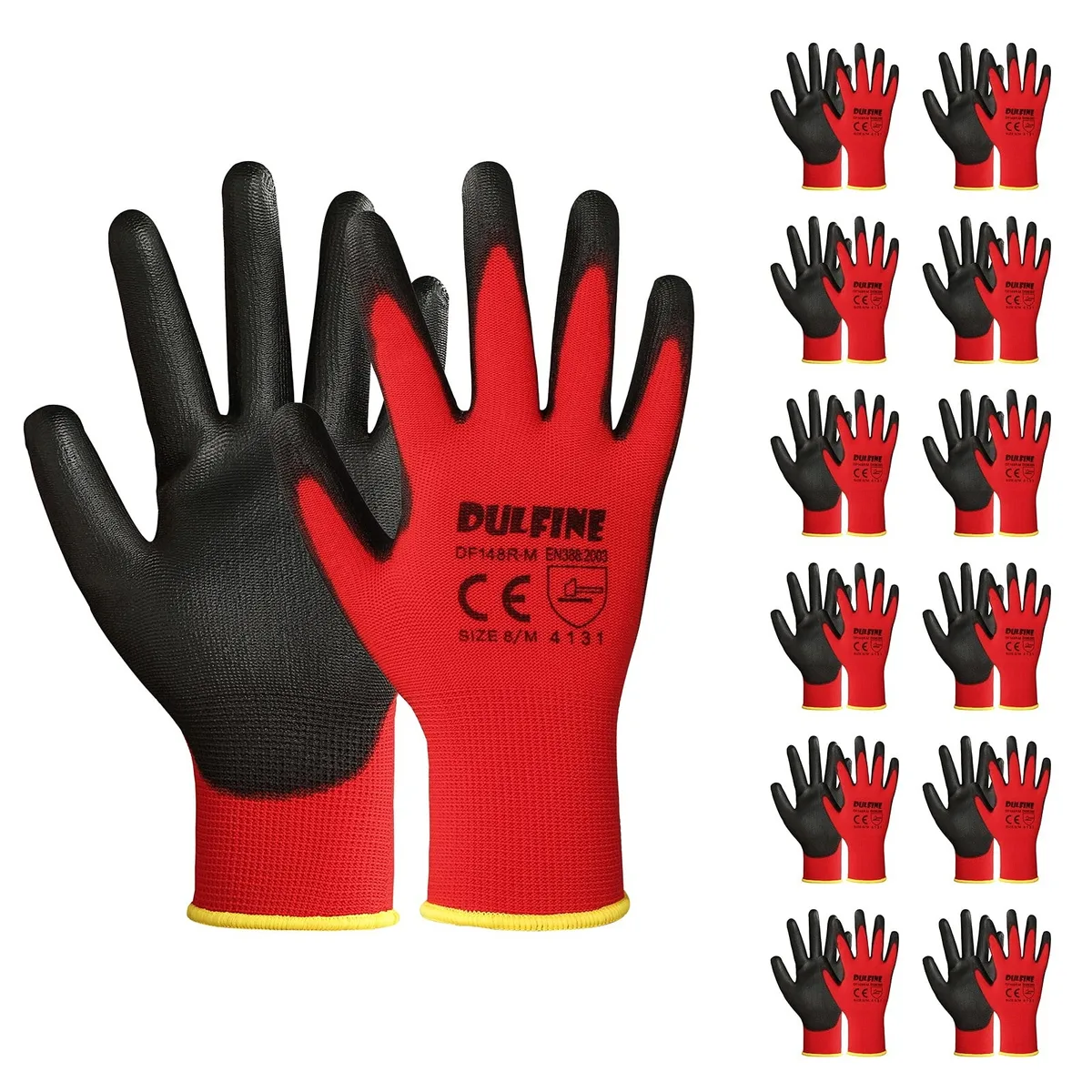  DULFINE DF148-12P-Red-L Gloves 12 Pairs Large Red 13 Gauge PU Coated CE EN388:2003 4131 — product photo