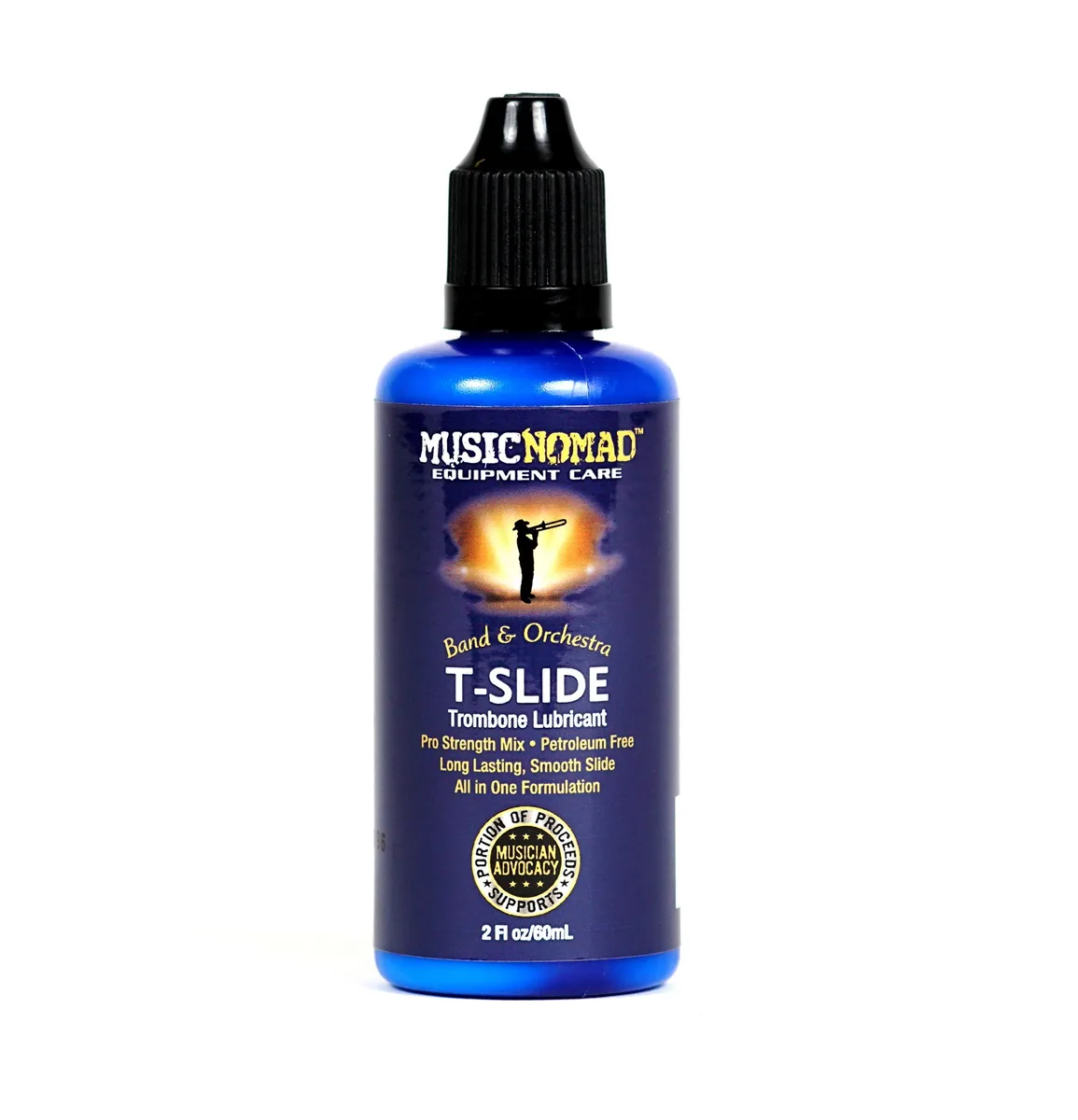 Small white 2 oz bottle with black cap and label standing upright
