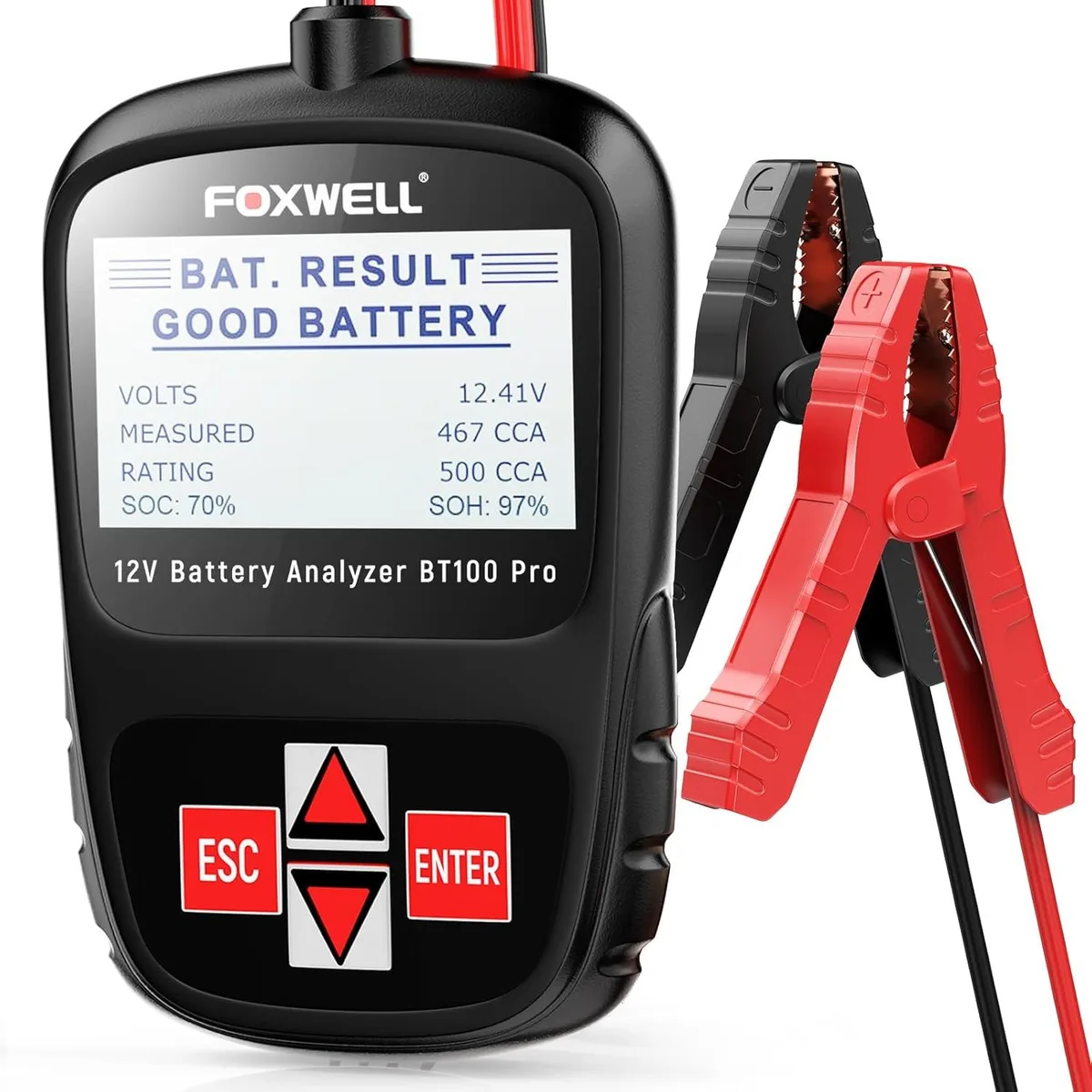 Compact handheld battery tester with backlit LCD, large buttons, and insulated alligator clamps