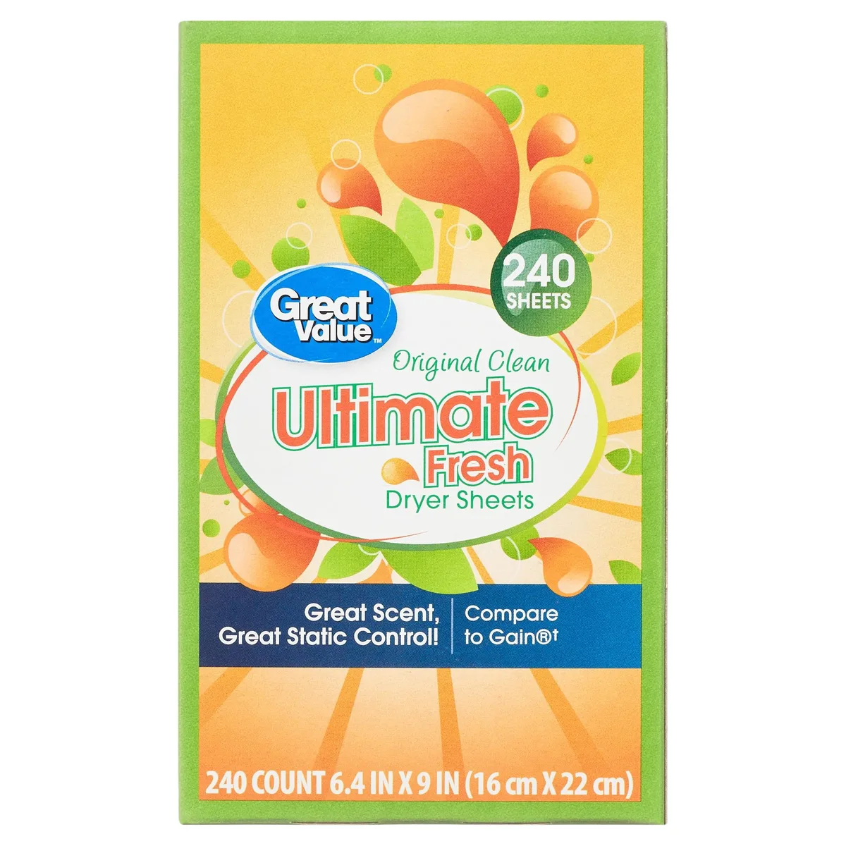 None Continuous None Continuous Great Value Ultimate Fresh Dryer Sheets Original Clean 240 Count — product photo