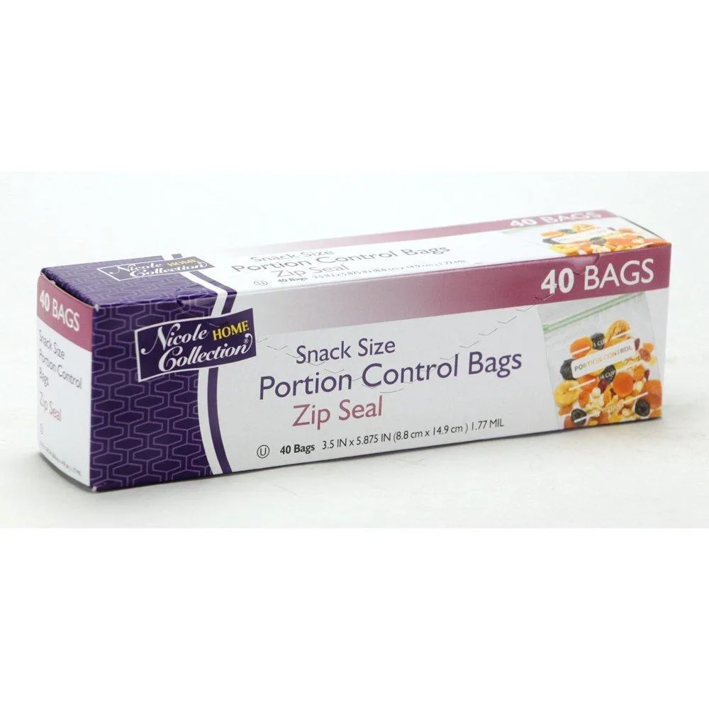 Clear rectangular snack bags with zip seal and printed portion markings, 40 count pack