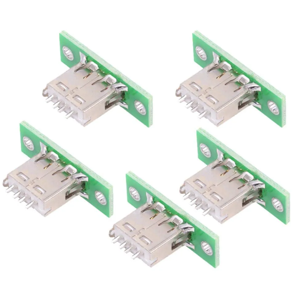 Five rectangular USB Type-A female panel-mount connectors with metal shells and solder tabs