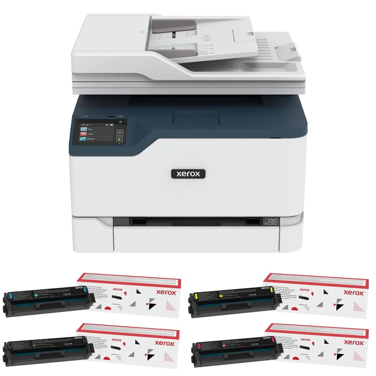 Compact white multifunction laser printer with flatbed scanner lid and front output tray