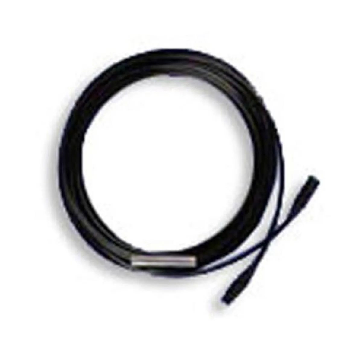 Black 5-pin DMX cable coiled, male to female connectors, 25 ft length