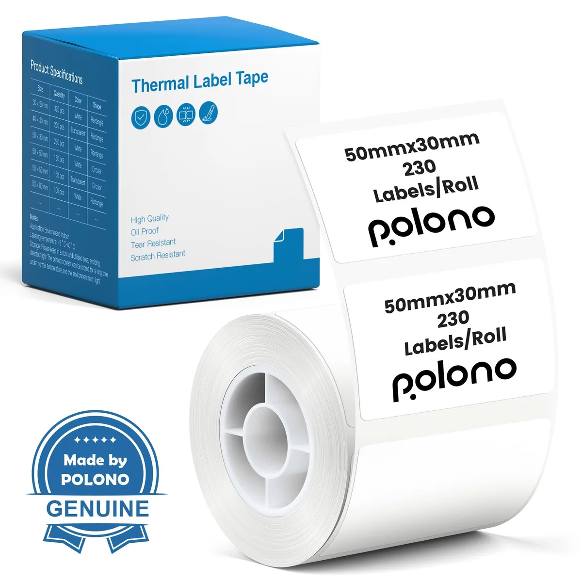 White thermal label roll, 50 by 30 mm, 230 labels