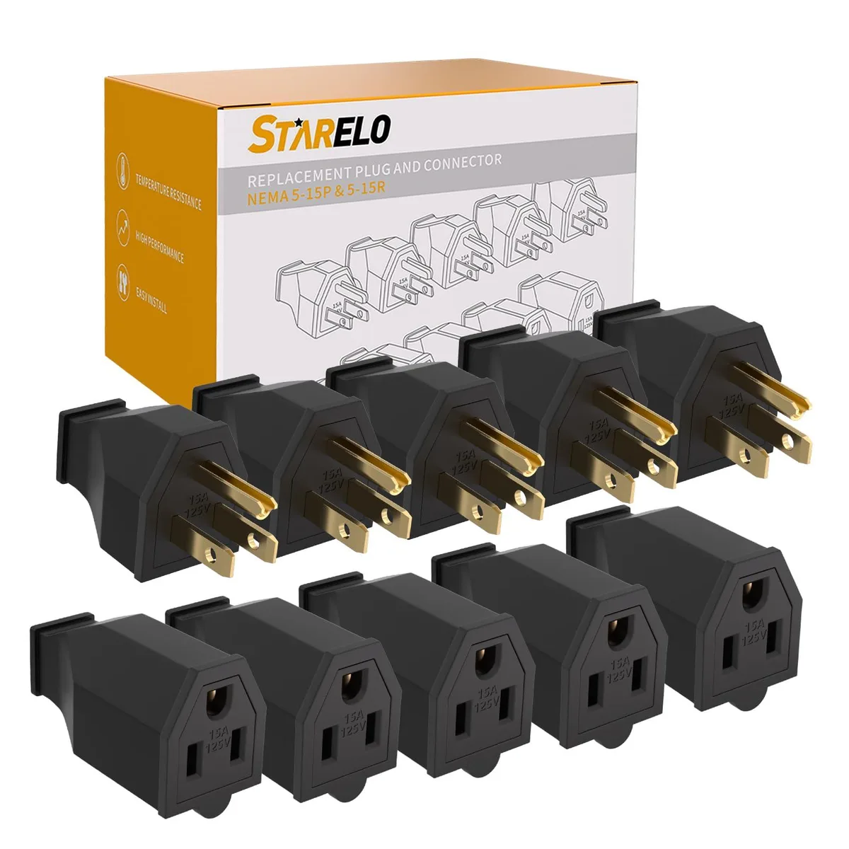 STARELO Wire Cap Connectors 125V 15A 2Pole 3Wire Male Female 5 Set Black — product photo