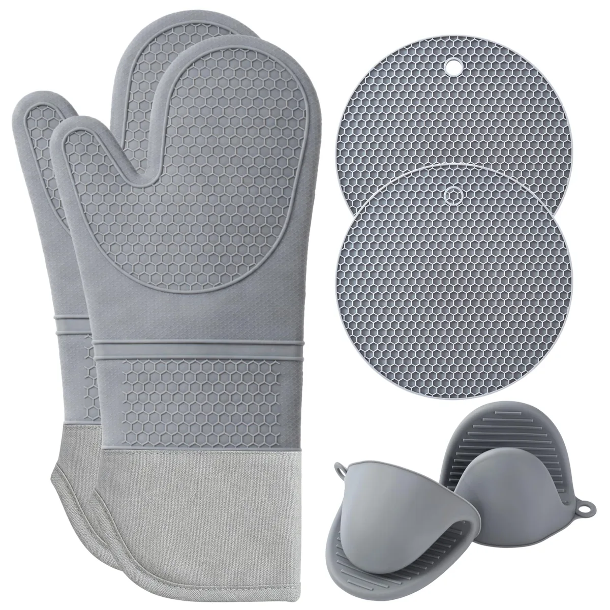  VISTACO 6 Piece Silicone Oven Mitts Set 2 Mitts 2 Mini Gloves 2 Pot Holders 450°F — product photo
