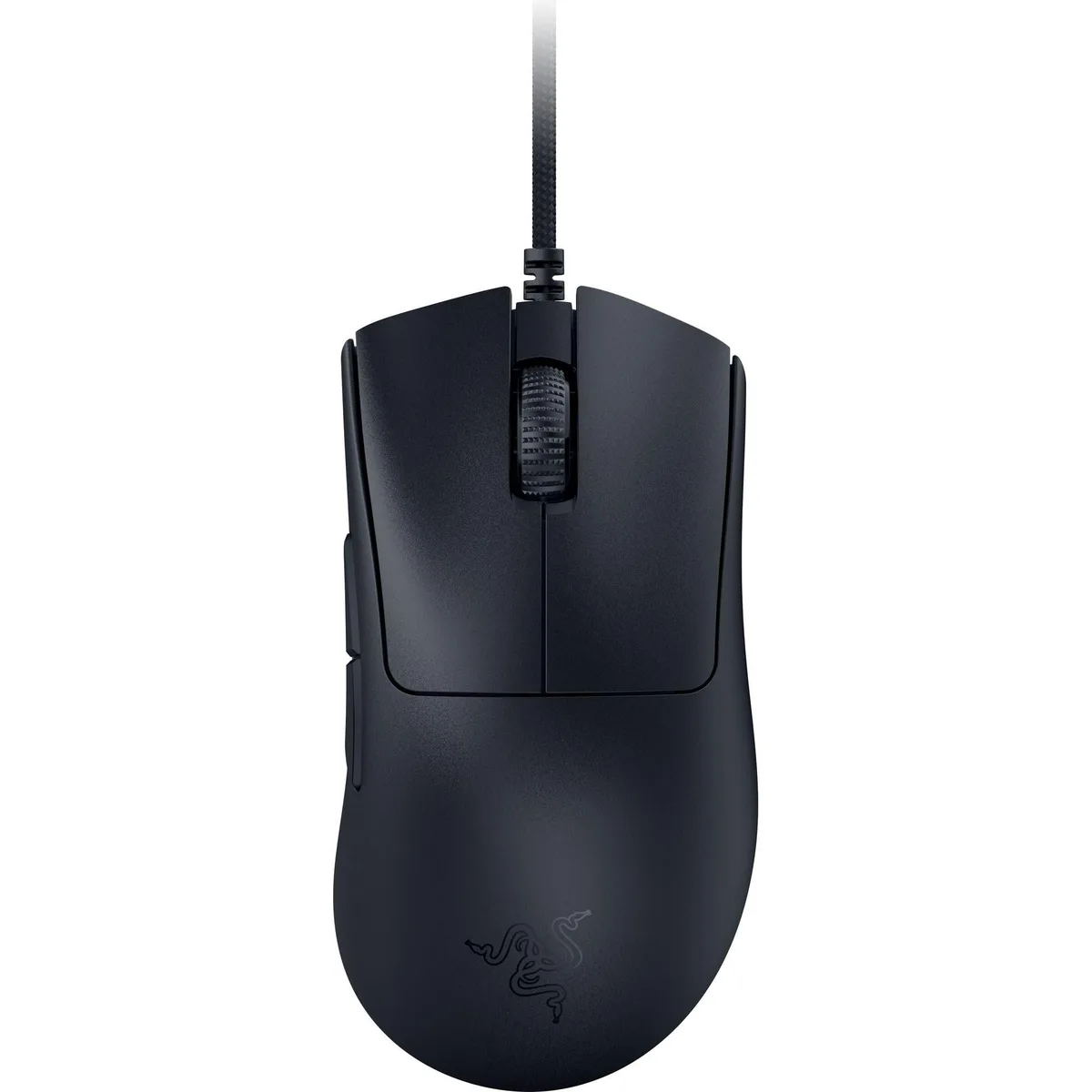 Black right-handed ergonomic gaming mouse with six buttons and woven cable