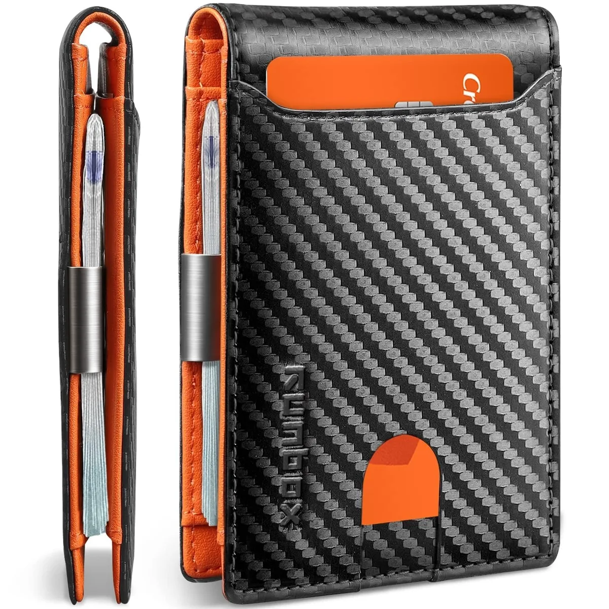 RUNBOX K-sb06 Orange Carbon Leather Bifold Wallet 11 Card Slots Money Clip RFID Blocking — product photo