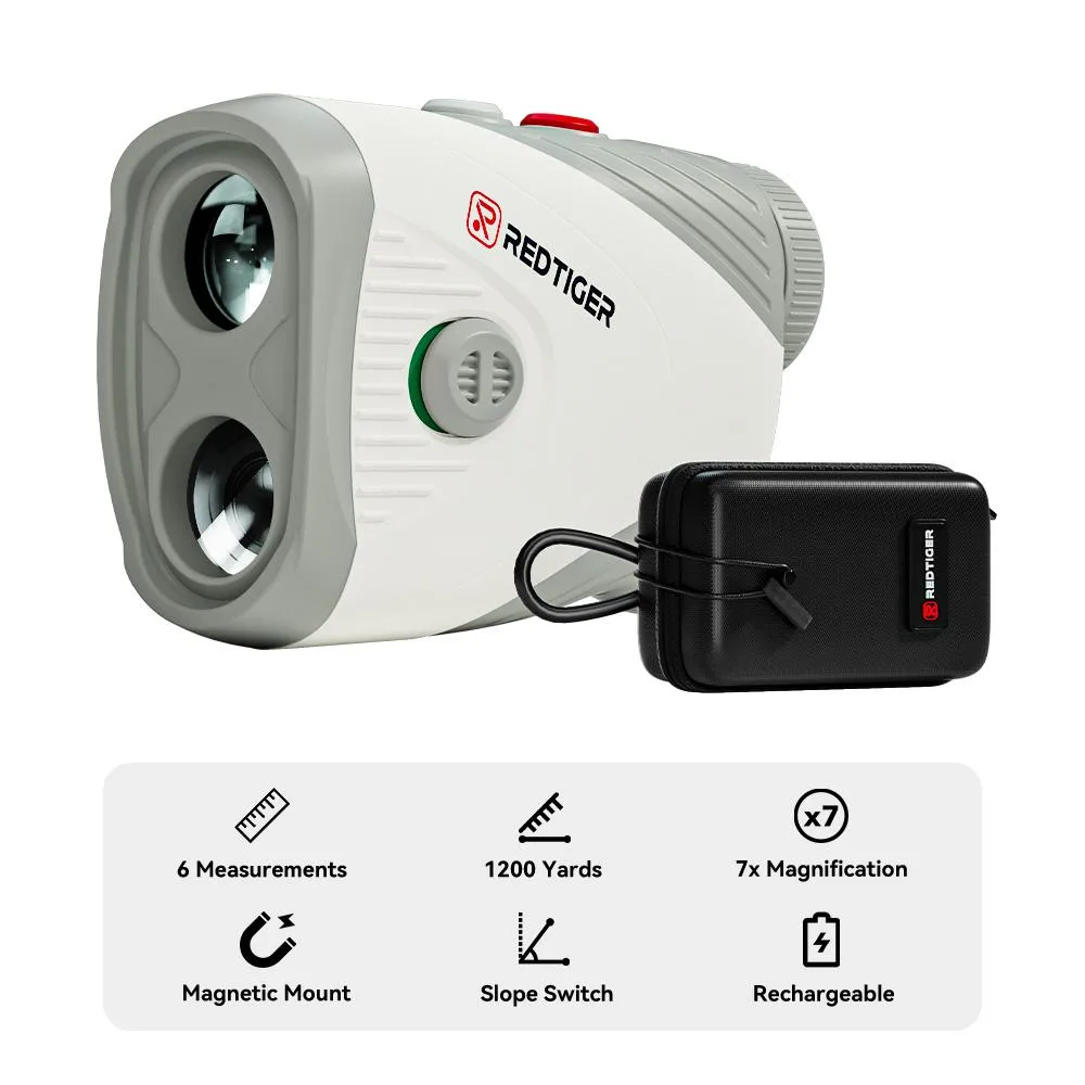 Gray plastic golf rangefinder with magnetic stripe, 7x magnification, IP54 rating