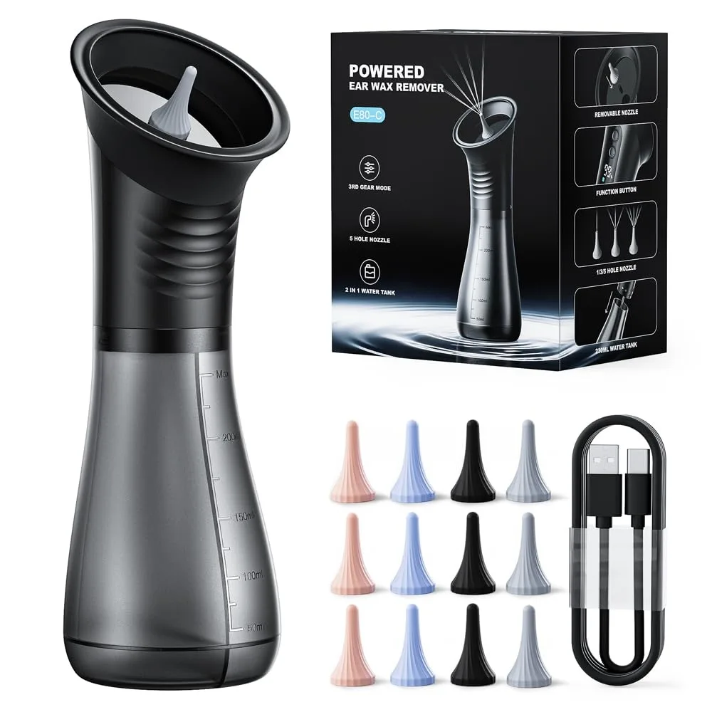 Black handheld ear irrigation device with LED display and disposable tips