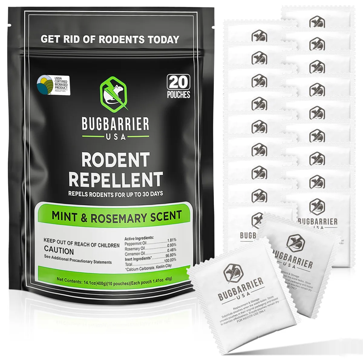 Twenty sachets of plant-based mouse repellent in a resealable bag