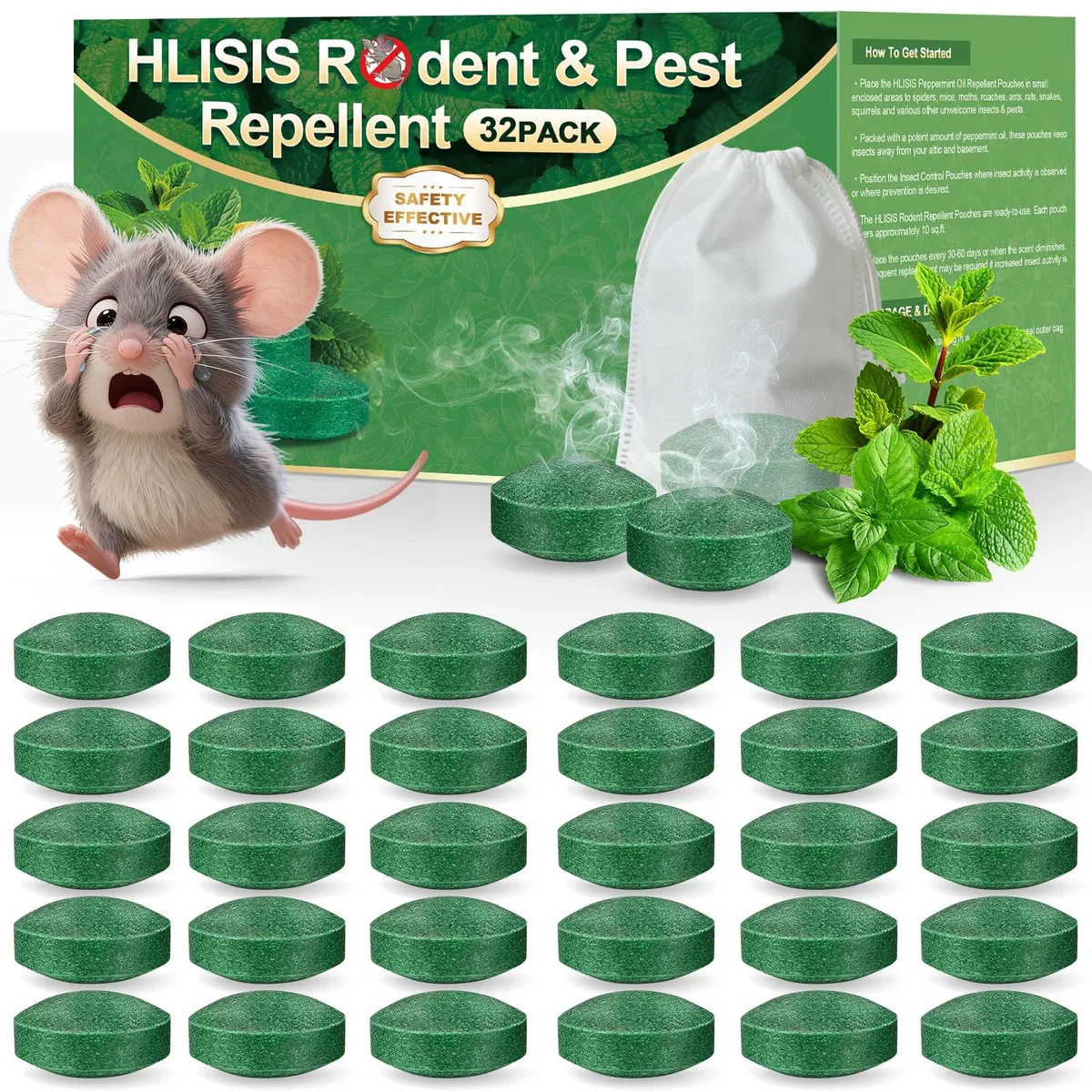 Sealed pouch of peppermint repellent pellets with mesh bag