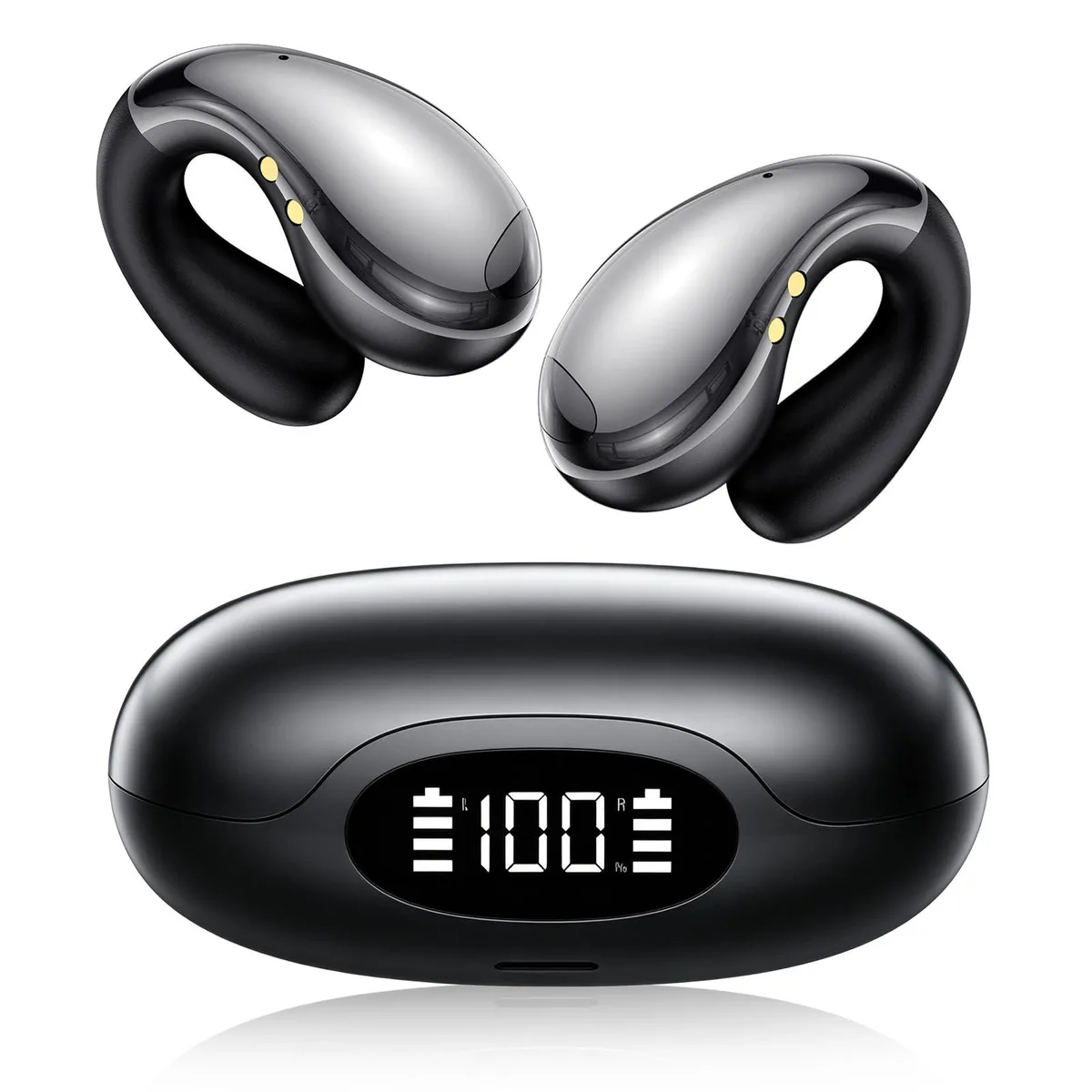 Black open-ear clip earbuds with flexible hooks, charging case visible