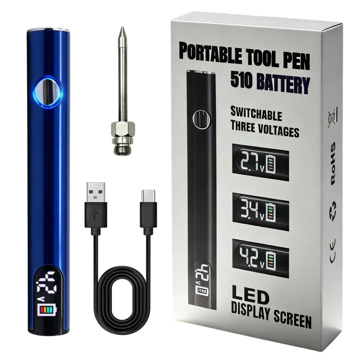Blue wireless soldering pen with LED display and USB-C charging