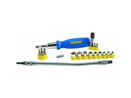 A 26-piece driver bit set in a plastic case