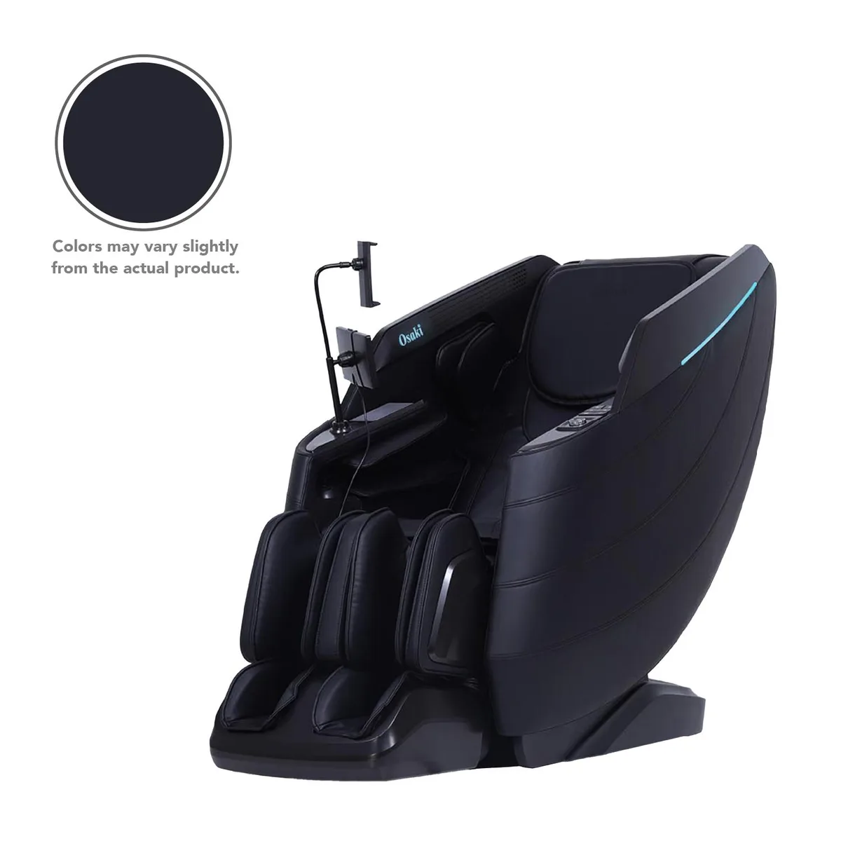 Osaki Ventura 3D+ massage recliner in neutral fabric, showing SL-track frame and extendable footrest