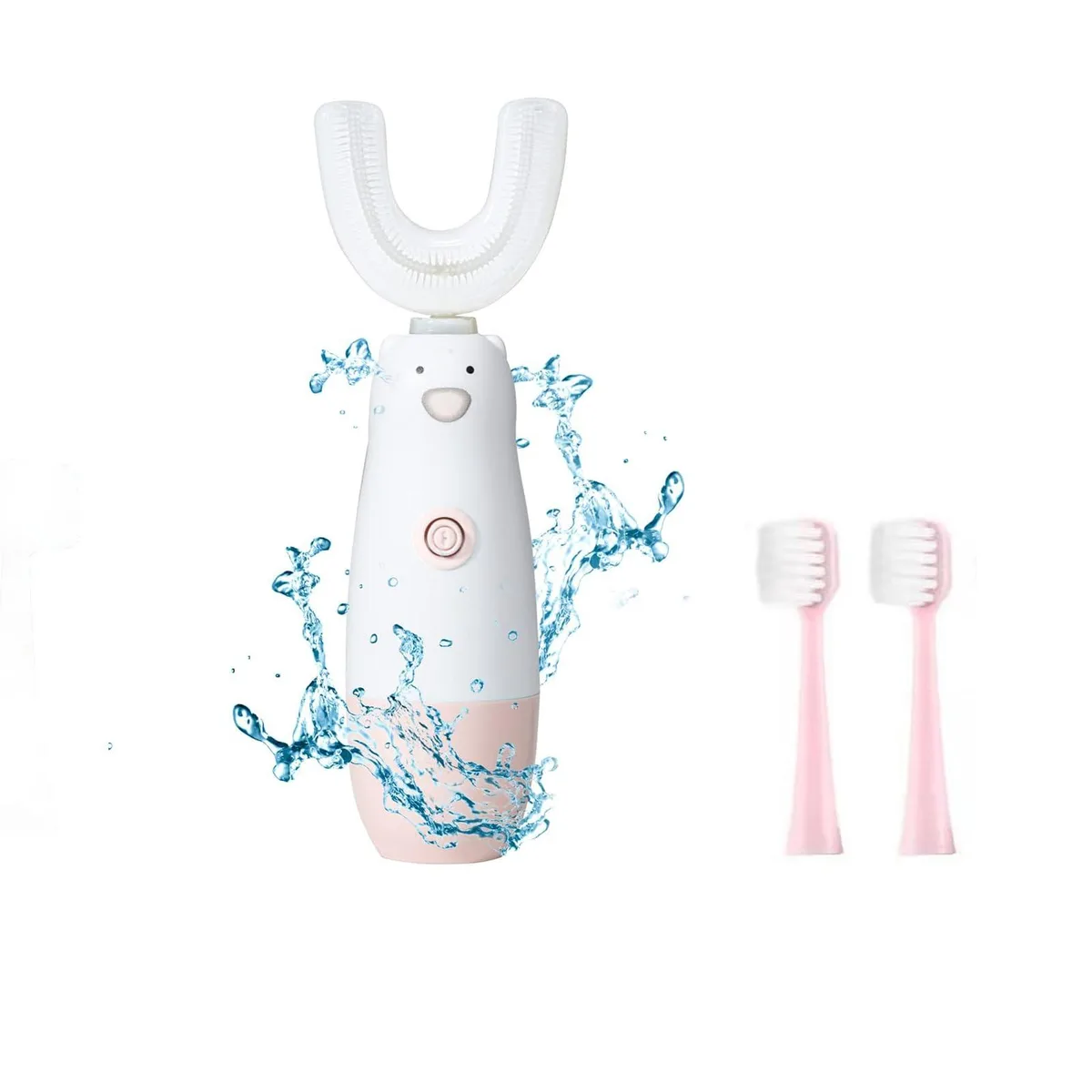 Pink U-shaped electric toothbrush with bear handle and two spare heads