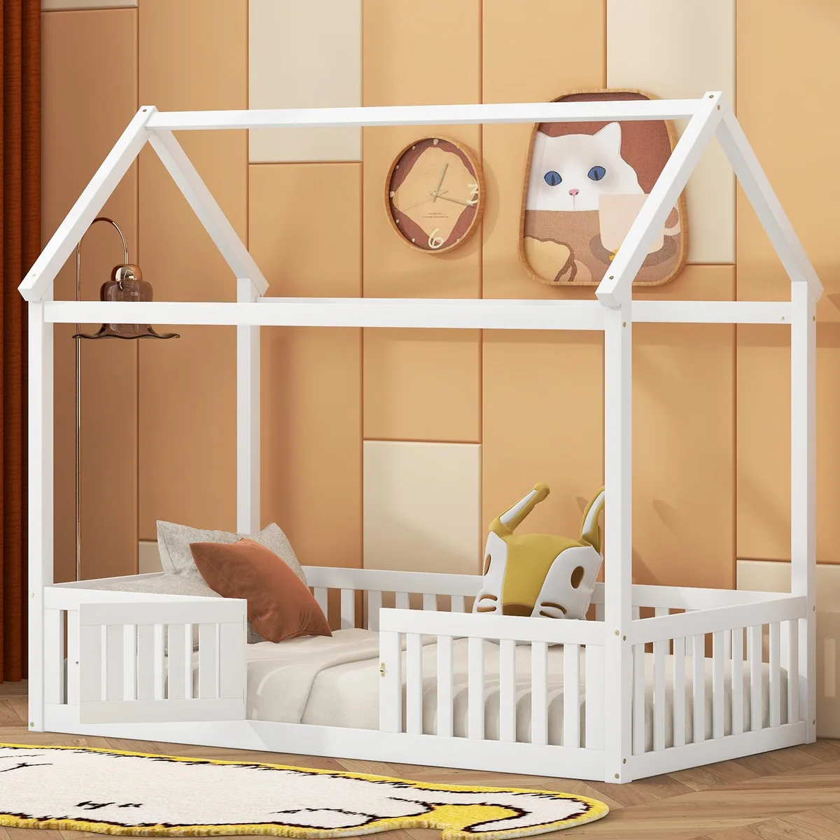 tuphen tuphen Twin Size Wood House Bed with Fence and Door White 303131 — product photo