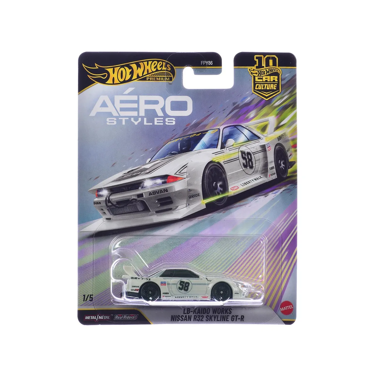 Hot Wheels Hot Wheels Nissan Skyline GT-R (R32) LB-Kaido Works RHD #58 White with Gray Stripes hobby collectible — product photo