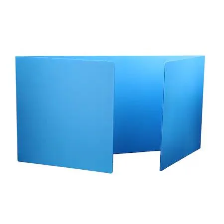 Pack of twelve transparent blue trifold plastic study carrels, folded flat