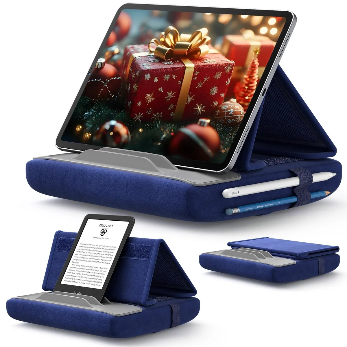Navy blue fabric tablet pillow stand with adjustable groove for phones and tablets
