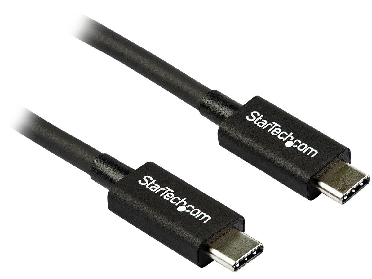 Black Thunderbolt 3 cable with USB-C male connectors on both ends, 0.8m length, PVC jacket