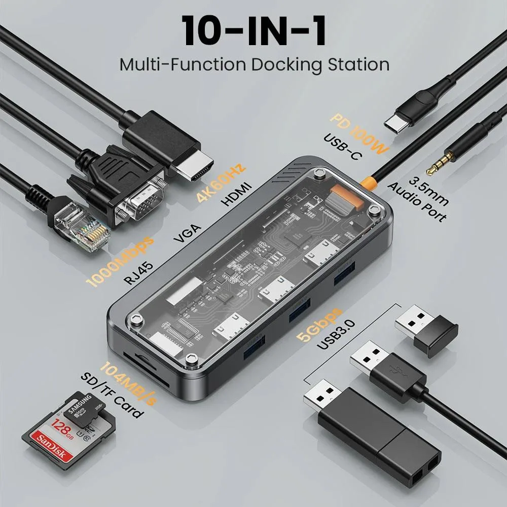 Gray rectangular docking station with multiple ports on both sides