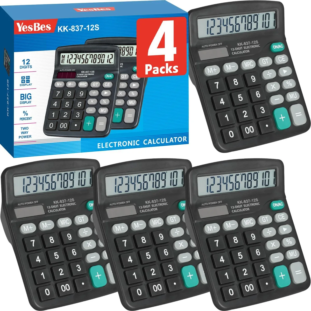 Four pink desktop calculators with large LCD displays and big plastic keys, solar and battery powered