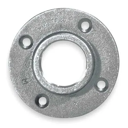 A round zinc-plated malleable iron flange with four bolt holes
