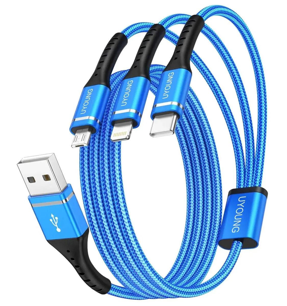 No Sew No Sew 3-in-1 Braided Cable 6FT USB-A Lightning Type-C Micro-USB 3A 480Mbps Blue — product photo