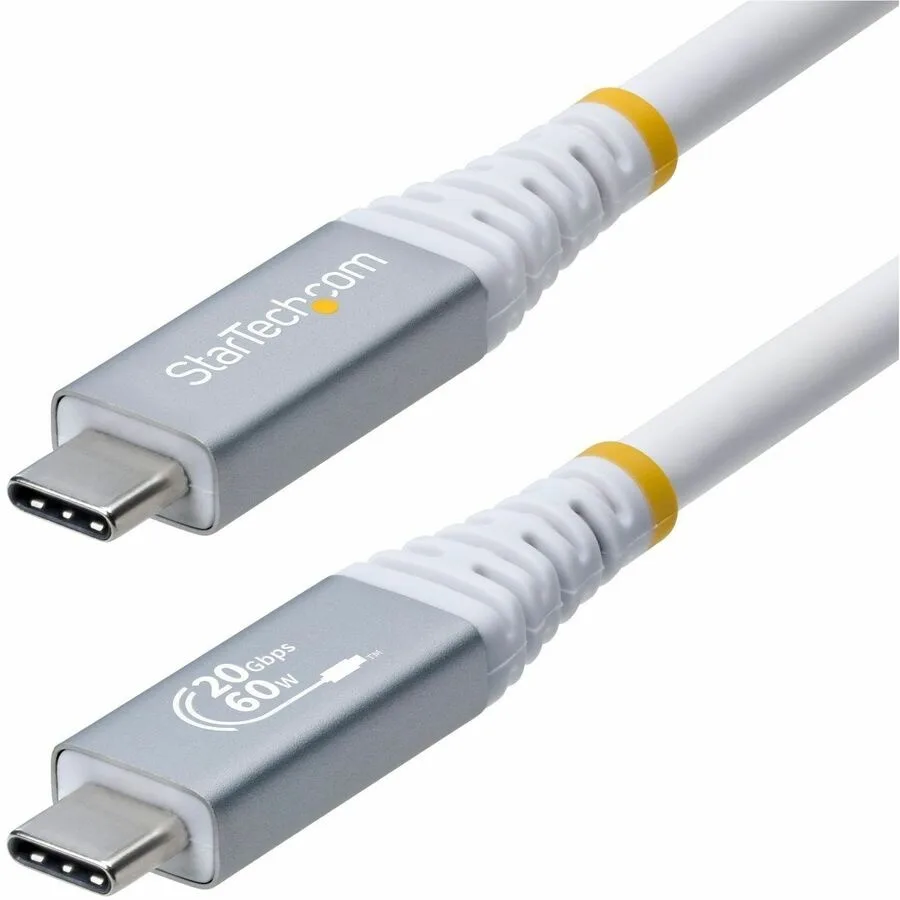White USB-C to USB-C cable with nickel-plated connectors, 10 ft length