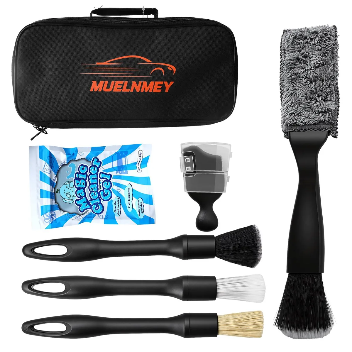 Black 7-piece car interior cleaning kit with assorted brushes, gel and storage bag