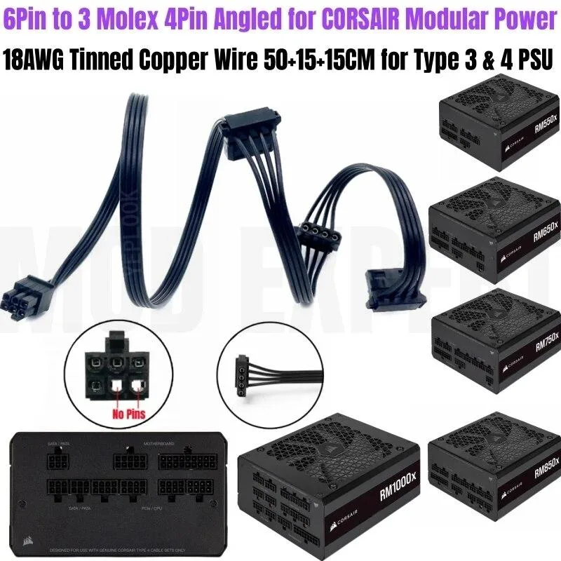 YEPLOOK YEPLOOK 6Pin to 3× Molex 4Pin Angled Cable for Corsair RM550x RM650x RM750x RM850x RM1000x Type 4 PSU — product photo