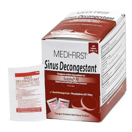White cardboard box labelled Medi First 80933 Sinus Allergy Relief 100 tablets