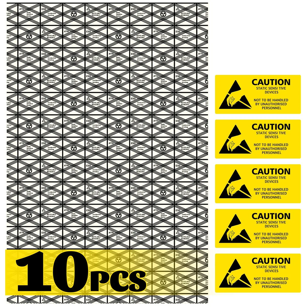 Pack of 10 translucent metallised antistatic bags 12 x 16 in with warning stickers