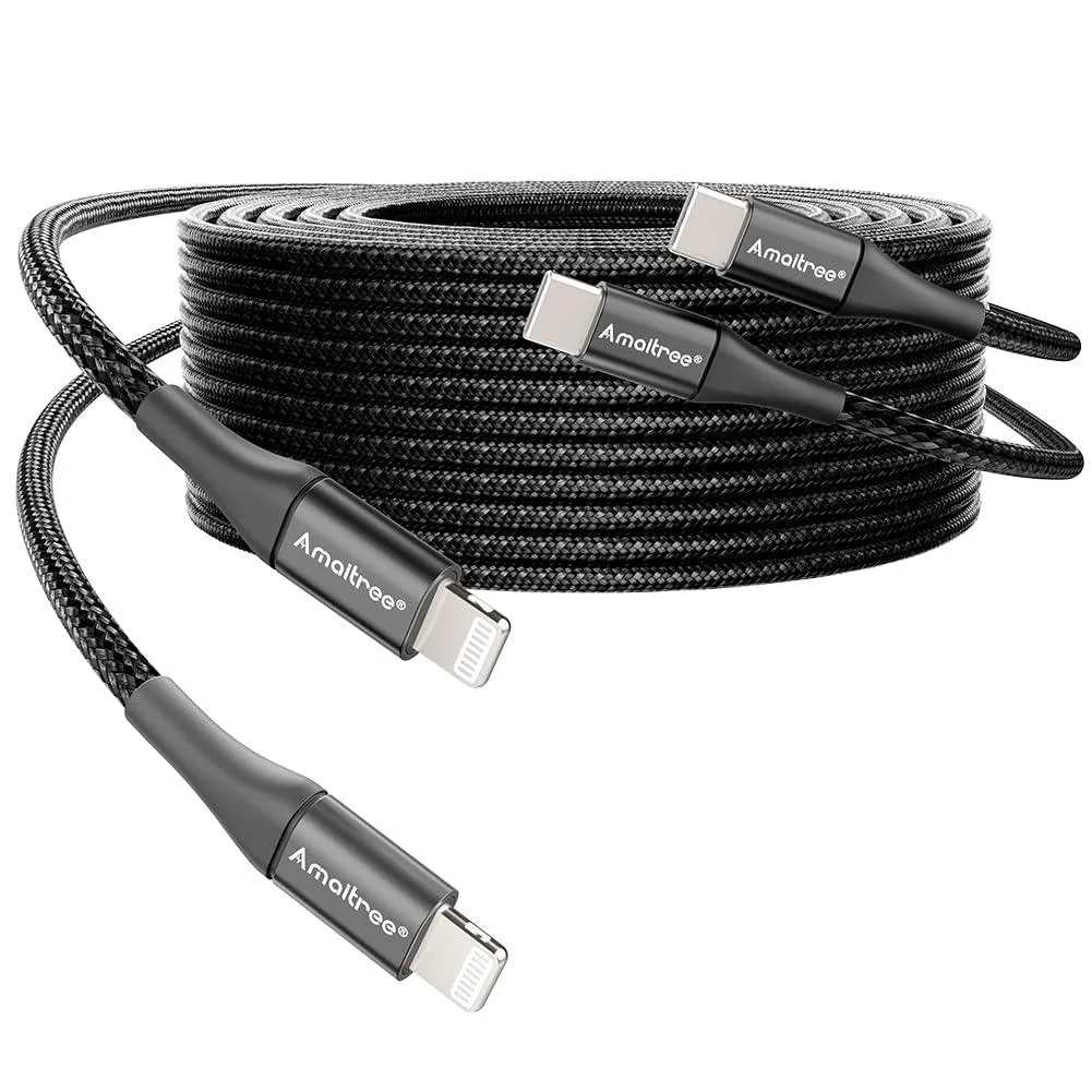 Two black nylon-braided USB-C to Lightning cables with aluminium ends, each four feet long