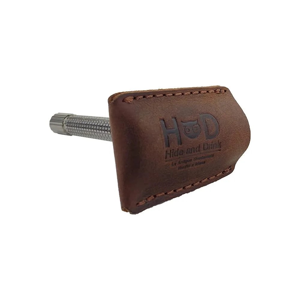 Bourbon brown leather safety razor sheath with brass rivet closure, handmade full-grain leather