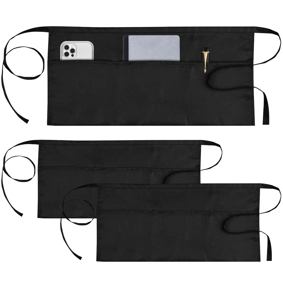 Three black polyester waist aprons with three pockets each, 11.4 by 23.7 inches