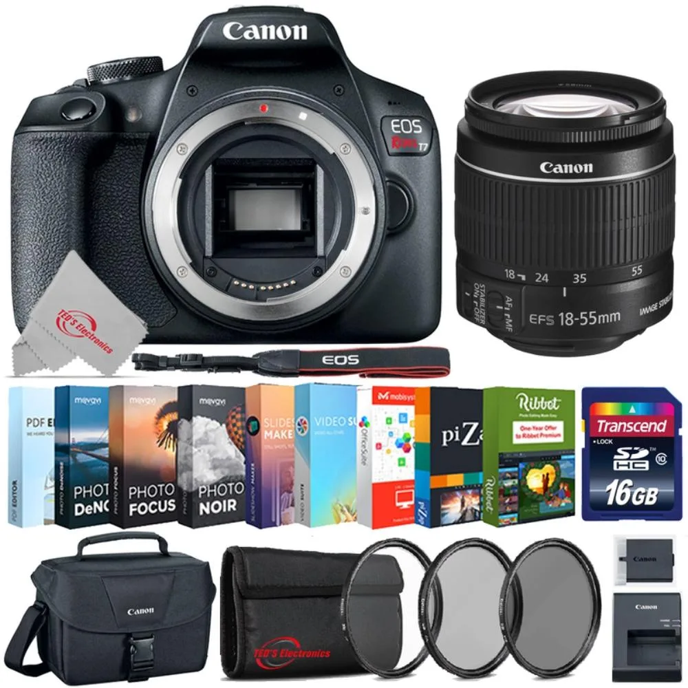 Canon Canon EOS Rebel T7 DSLR camera with 18-55mm lens, 16GB card, filters, case and software — product photo