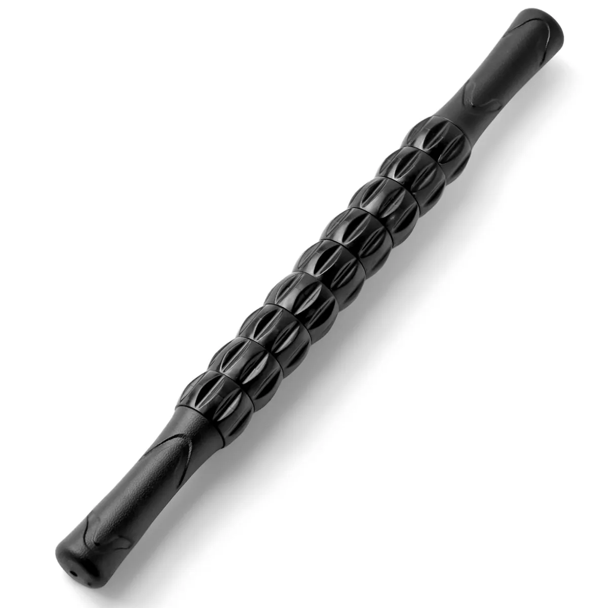 Black massage roller stick with spiked rollers and ergonomic handles, 35 cm long