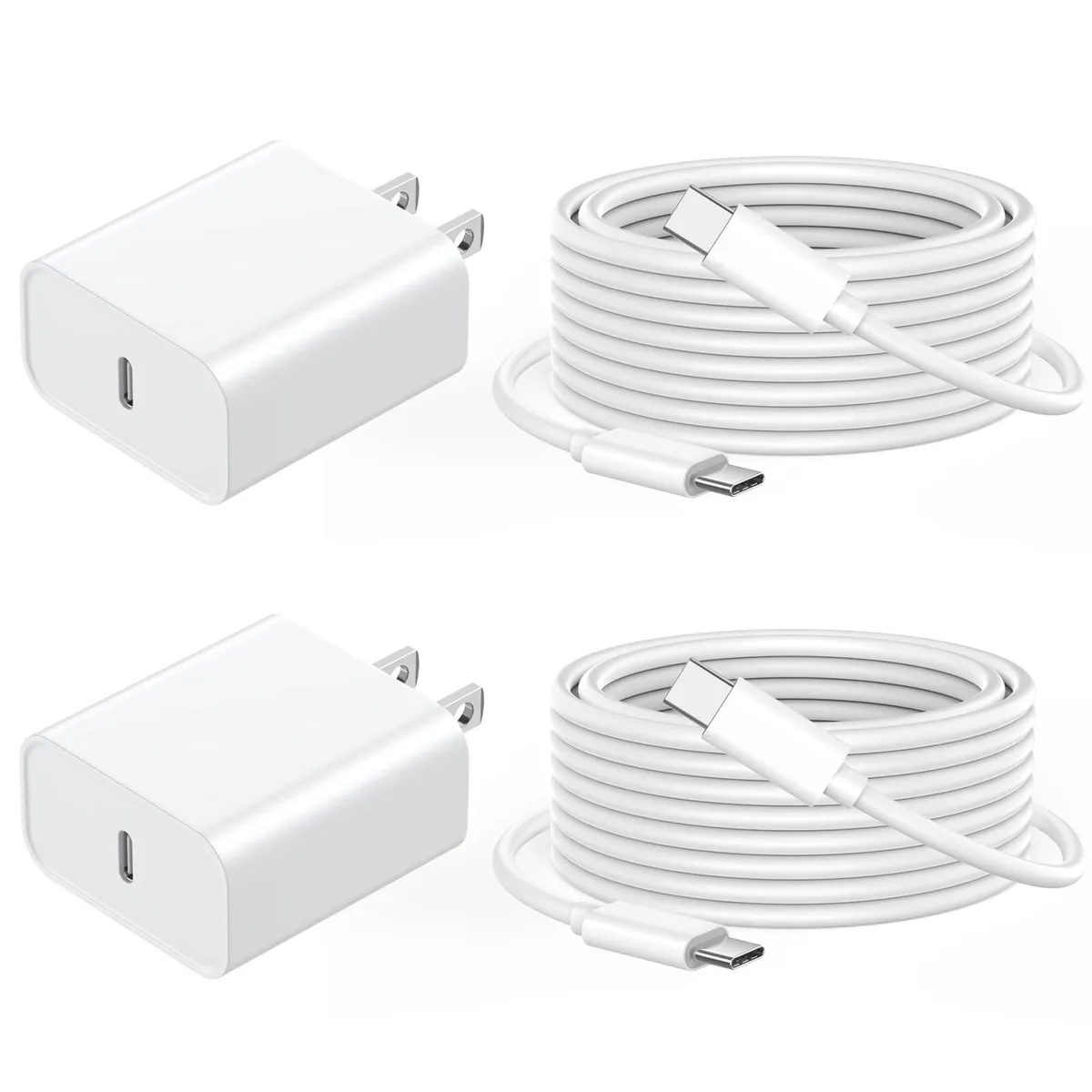 Two compact white USB-C wall chargers and two long white USB-C to USB-C cables