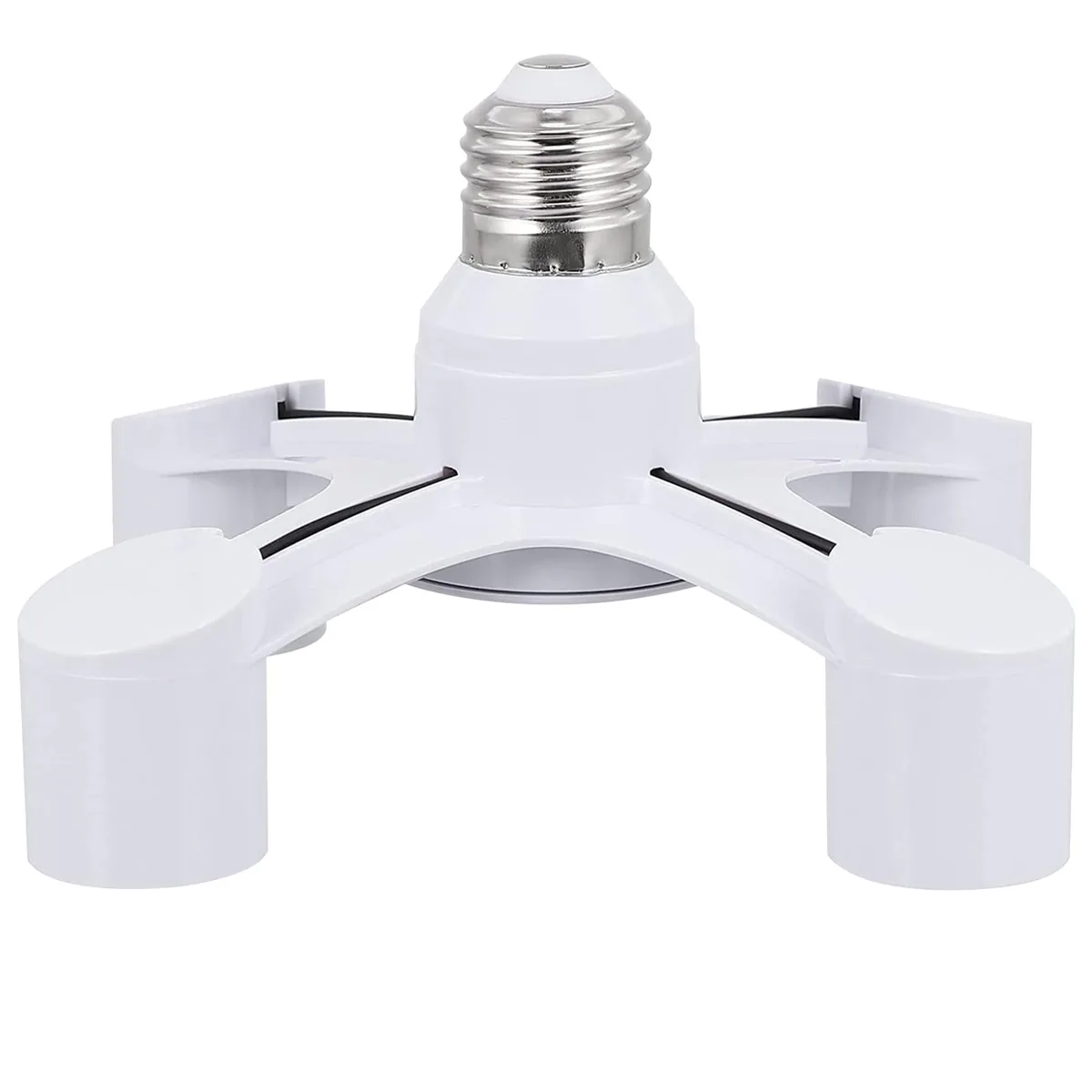 White plastic four-outlet E26/E27 socket splitter, flat rectangular body about one point three by zero point eight inches