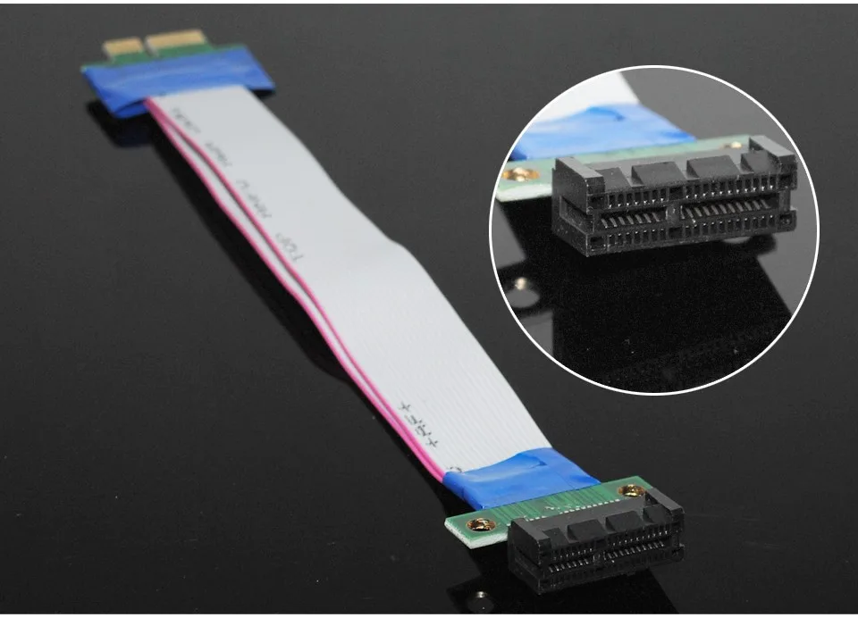 Black and blue PCIe 1x riser ribbon cable .5 ft with male to female connectors