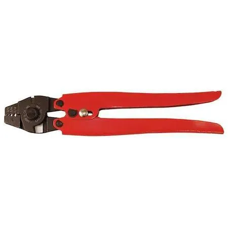 Compact hand swaging tool with cable cutter, ten inches long, silver metal finish
