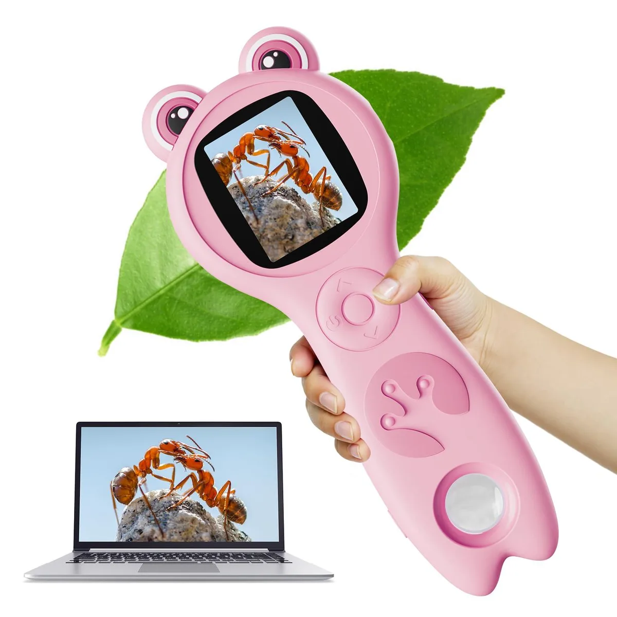 Pink handheld digital microscope with 2-inch IPS screen and 8 LED lights