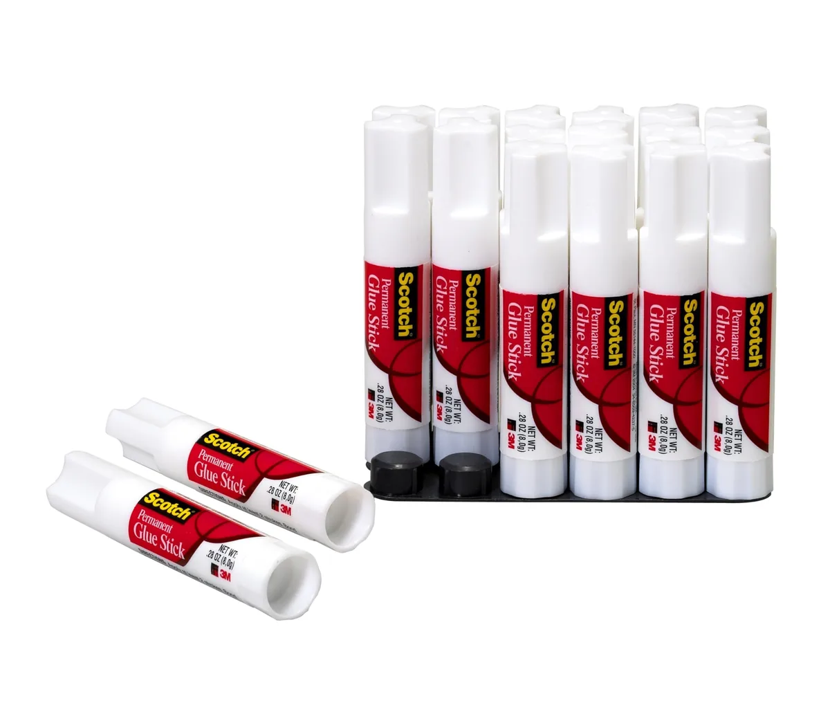 White glue sticks in a rectangular pack of eighteen