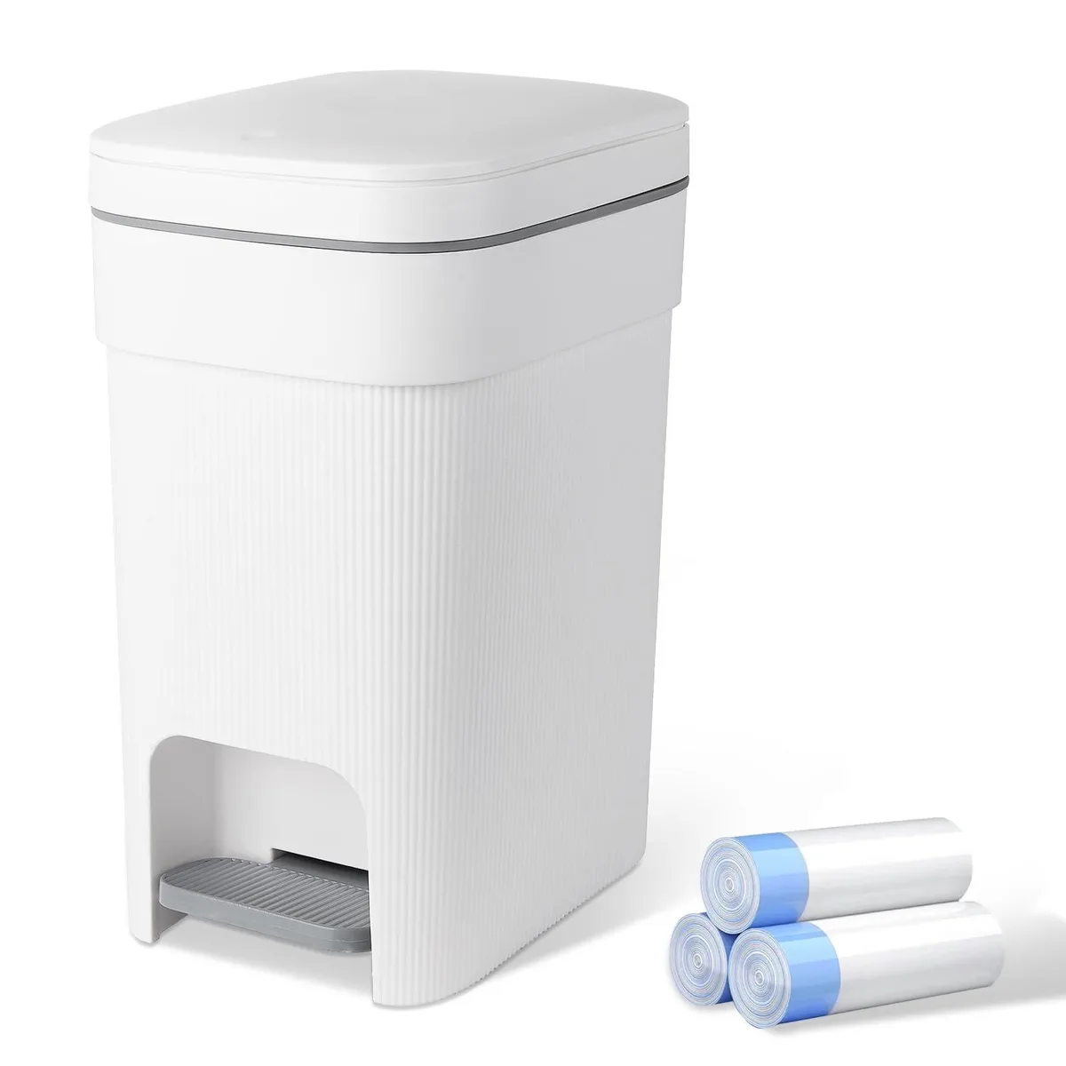 White slim step trash can with pedal and press lid, vertical stripes, 10.2 by 7.2 by 12.9 inches